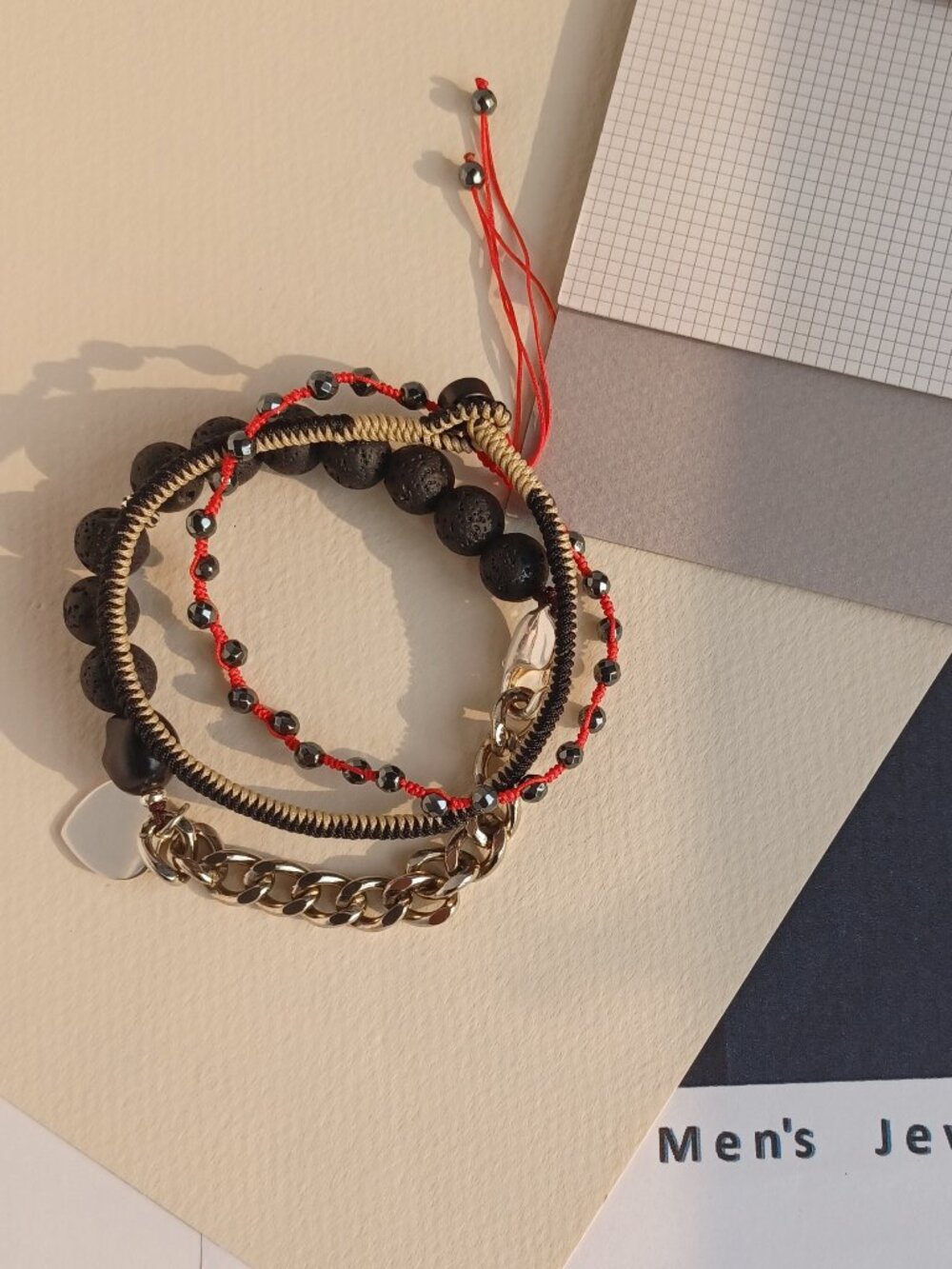 New men's sterling silver with lava stone and hand woven 3 pieces set bracelet